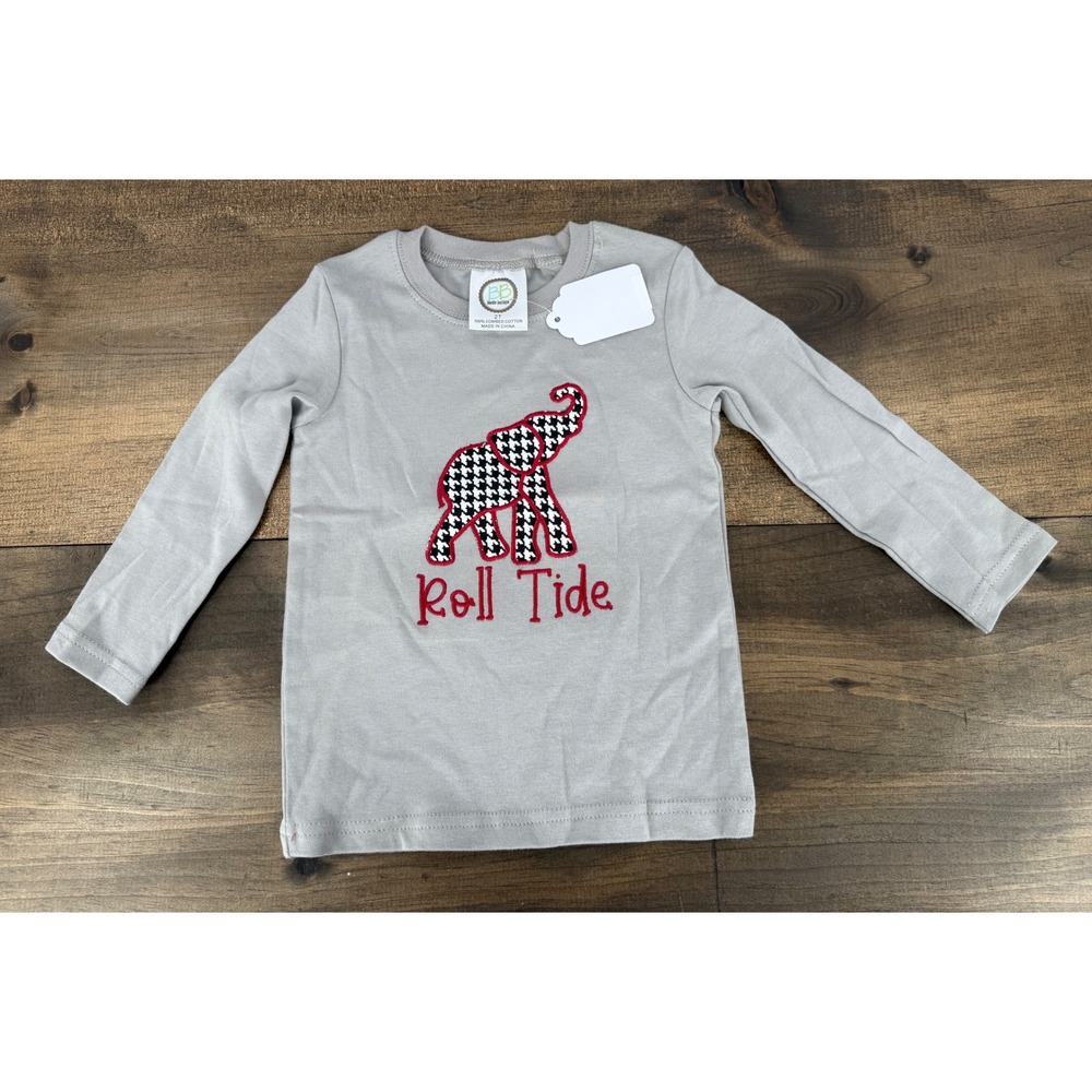 Kids 2T Gray Roll Tide Alabama Elephant Long Sleeve Appliqué Embroidered Tee